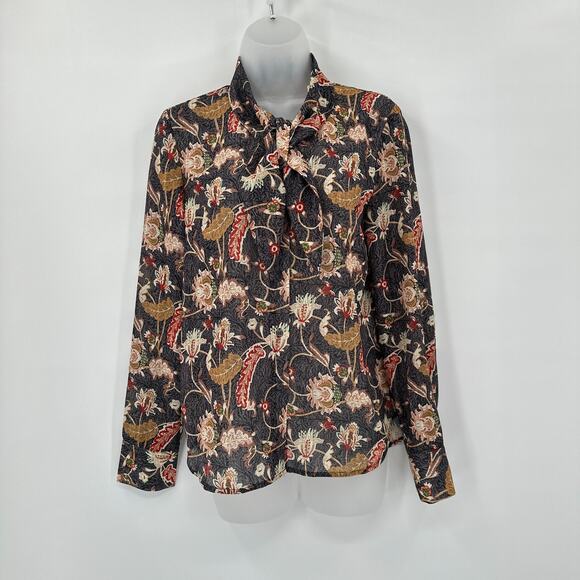 Boho Floral Top Small‎ Tie Neck Cottagecore Fall Retro Feminine Y2K Romantic - Picture 1 of 9